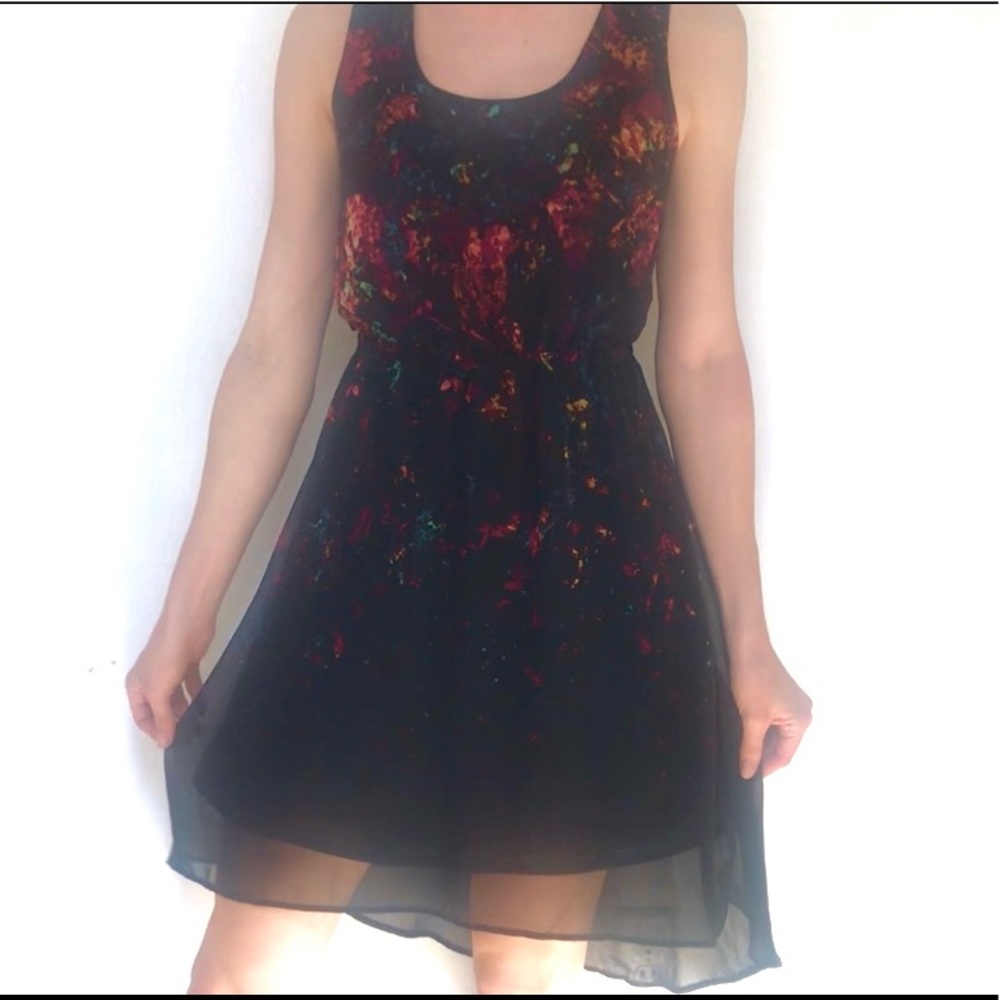 Black high/low dress with watercolors